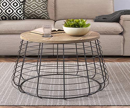 Clickdecor Lydia Matte Black Wireframe Coffee Table, Modern Farmhouse Round Living Room Accent Furniture Distressed Wood Finish Tabletop, Fully Assembled, Brown 23.6D X 23.6W X 19.7H In #TOP1