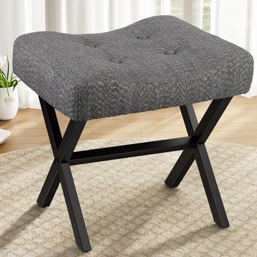 Image of Memobarco 18-Inch Large Vanity Stool Chair, Vanity Bench with Metal X-Legs, Ottoman Accent Stool with Breathable and Soft Boucle Fabric Saddle Seat, Grey