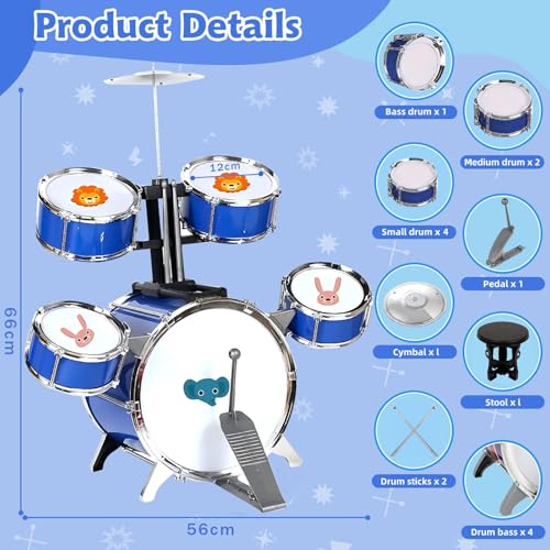 NonKob Kinder Schlagzeug Schlagwerk Drumset, Trommel Kinder Spielzeug Sets 5 Trommelns mit Hocker, Musikinstrumente Kinder ab 3 Jahre, Lernspielzeug Geschenk für Kinder ab 3 4 5 6 Jahre