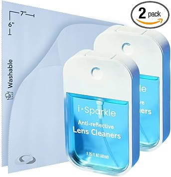 I-Sparkle Anti-Reflective Lens Cleaner Spray kit | 2x 1.35oz Glasses Cleaner Spray + 2x Microfiber Cloth for Eyeglasses, Sunglasses, Lenses, Screens and Camera Cleaning Kit 4 Piece Set