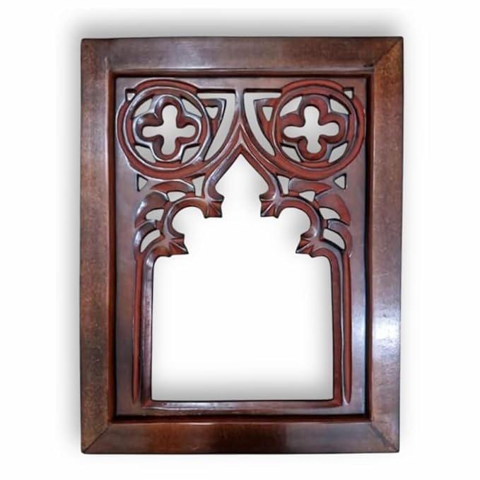Image of Antique Black Hand Carved Wooden Jharokha Wall Mirror Frame for Home & Bedroom Decor - Traditional Arch Design (12x9 Inch) (Brown)