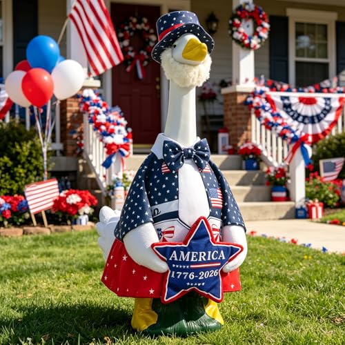 POZMTIORE 4th of July Porch Goose Outfit for 23" Lawn Goose Statue,Patriotic 250th Anniversary Independence Day Goose Costume Dress&Hat,Pillow for Outdoor Yard Decor (4th of July B) by POZMTIORE - Used condition - Image 4