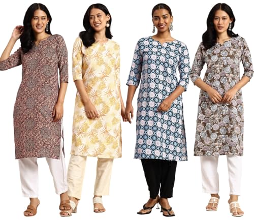 Image of JAKHANA Women's Crepe Printed Casual Straight Calf Length Round Nick Kurta Pack of 4