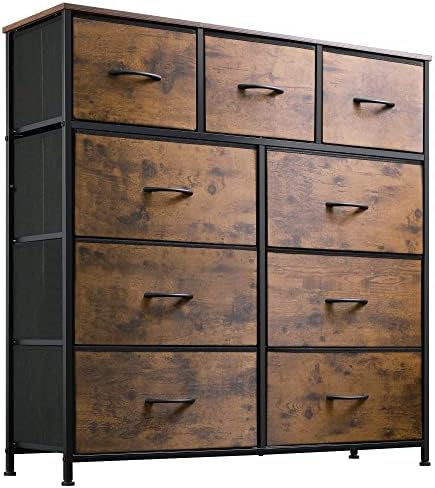 WLIVE 9-Drawer Dresser, Fabric Storage Tower for Bedroom, Hallway, Nursery, Closet, Tall Chest Organizer Unit with Fabric Bins, Steel Frame, Wood Top, Easy Pull Handle, Rustic Brown Wood Grain Print