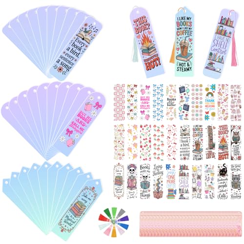 120Pcs Acrylic Bookmark Blanks Kits Iridescent Clear Bookmarks Bulk 30Pcs Blank Bookmarks with 30PCS Booklover UV DTF Stickers and 30 Color Tassels for DIY Crafting Projects and Book Lovers Gifts