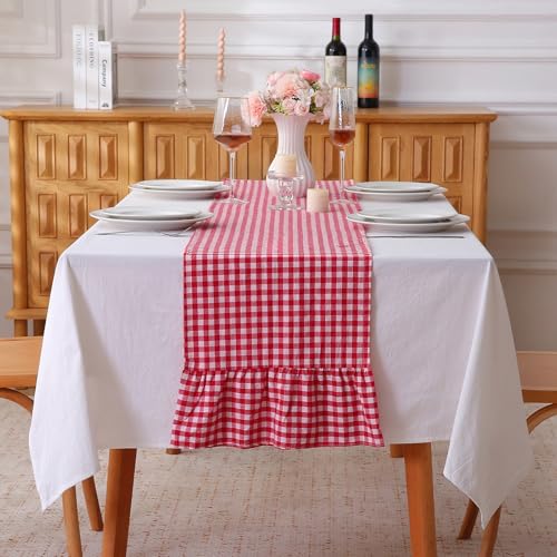 Red White Plaid Gingham Ruffle Table Runner 108 inches Long 100% Washed Cotton Decorative Farmhouse Cabinet Cover (Red, 108"x13") by K MASANIJI - Used condition - US$15.24