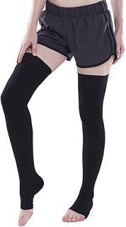 ACiyD 3 pares de meias de compressão na altura da coxa, meias de compressão esportivas de bico aberto com faixa de ponto de silicone, meias de compressão acima do joelho para mulheres e homens (preto M)