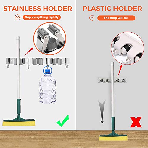 Mop Broom Holder- Wall Mount Stainless Garage Tools Organizer with 3 Racks 4 Hooks, Hold up to 20 Lbs, Organizers and Storage for Kitchen Bathroom and Garage. - Thumbnail 5