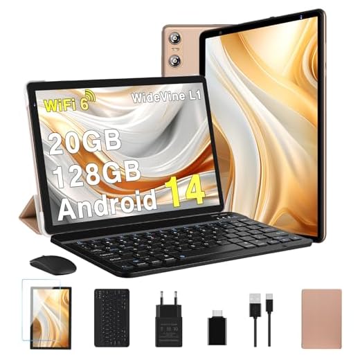 Biegedy Tablet 10 Pollici Android 14 Tablet 20GB RAM+128GB ROM (1TB TF), Tablets 5G/2.4G WiFi 6 Octa-Core, Widevine L1/GMS/Bluetooth 5.0/6000mAh/5+8MP, Tablet 2 in 1 Tastiera+Mouse - Oro