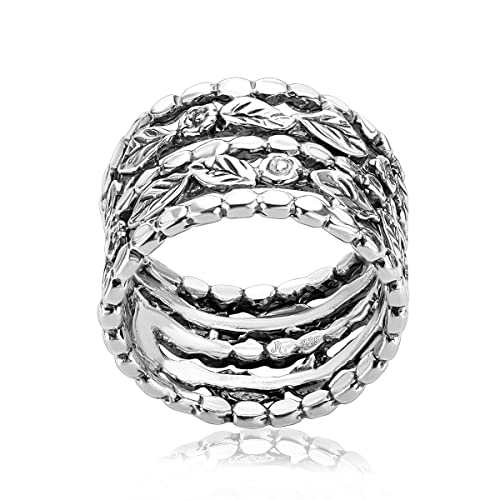 925 Sterling Silver Wide Ring Flowers And Leaves Oxidized Vintage Look Stylish Hypoallergenic Nickel And Lead-Free Artisan Handcrafted Designer Collection Made In Israel (Size 5-11) #TOP5