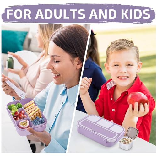 Image of QQKO Bento Box Adult Lunch Box, Lunch Containers for Adults Men Women, Kids Lunch Boxes for School with 4 Compartments, Sauce Container, Utensils and Muffin Cups, Purple