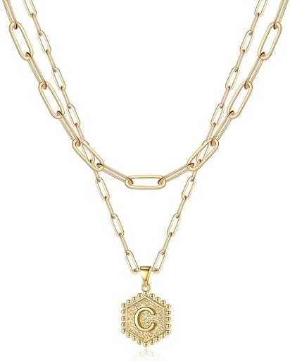 M MOOHAM Dainty Initial Necklaces for Women, 14K-Gold-Plated Layering Necklace for Women Cute Hexagon Letter Initial Necklace Layered Necklaces for Womens Teen Girl Gifts