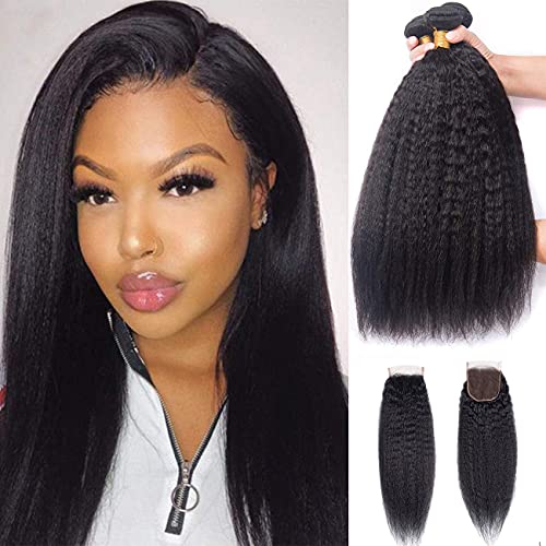 Kinky Straight Bundles With Closure Brazilian Virgin Human Hair Bundles and Closure 100Percent Unprocessed Yaki Straight Hair Bundles With Closure(12 14 16+10closure)