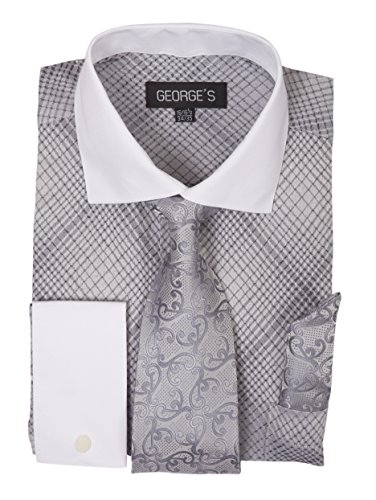 George's Small Check Pattern Fashion Dress Shirt with Woven Tie Set AH624 Silver-18-18 1/2-34-35