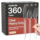 Bakken Disposable Cutlery Set 360 Pieces of Forks, Knives & Spoons, Heavy Duty Plastic Silverware, BPA-Free Food-Grade Materials, Heat-Resistant, Reusable Utensils for Parties and Everyday Use, Clear