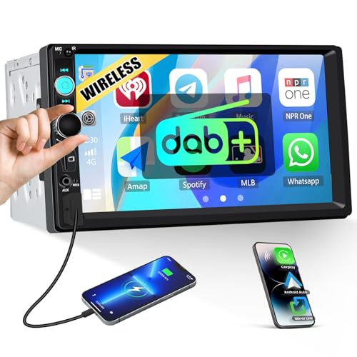 [Dab+] CAMECHO Dab Carplay Autoradio 2 DIN 7 IPS Pantalla táctil, inalámbrico Android Auto, Carplay Doble DIN Radio para Coche Reproductor MP5 con Radio Bluetooth FM EQ AUX USB SWC+Cámara Trasera