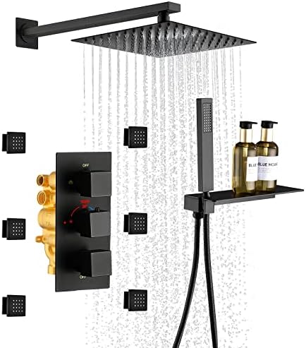 QISHENG Thermostatic Rain Shower System with 6 Body Jets - 12" Wall Mounted Rainfall Shower Head with Shelf, Shower Faucet Set with Mixer Valve and Handheld Brass Shower Combo Kit for Bathroom