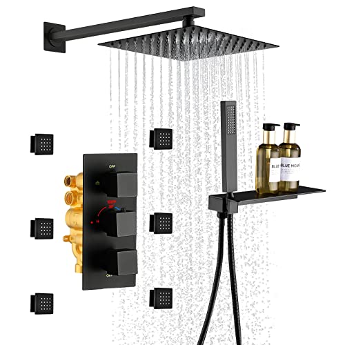 Qisheng Thermostatic Rain Shower System With 6 Body Jets - 12" Wall Mounted Rainfall Shower Head With Shelf, Shower Faucet Set With Mixer Valve And Handheld Brass Shower Combo Kit For Bathroom #TOP28