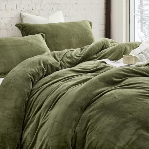 Lanqinglv Bettwäsche Set 200x200cm Olivgrün Grün Biber Flauschig Warme Coral Fleece Flanell Winter Plüsch Uni Bettbezug Cashmere Touch mit Reißverschluss Doppelbett und 2 Kissenbezug 80x80 cm