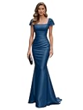 RYANTH Mermaid Satin Prom Dress Square Neck Bridesmaid Dresses Lace Short Sleeve Formal Evening Gowns