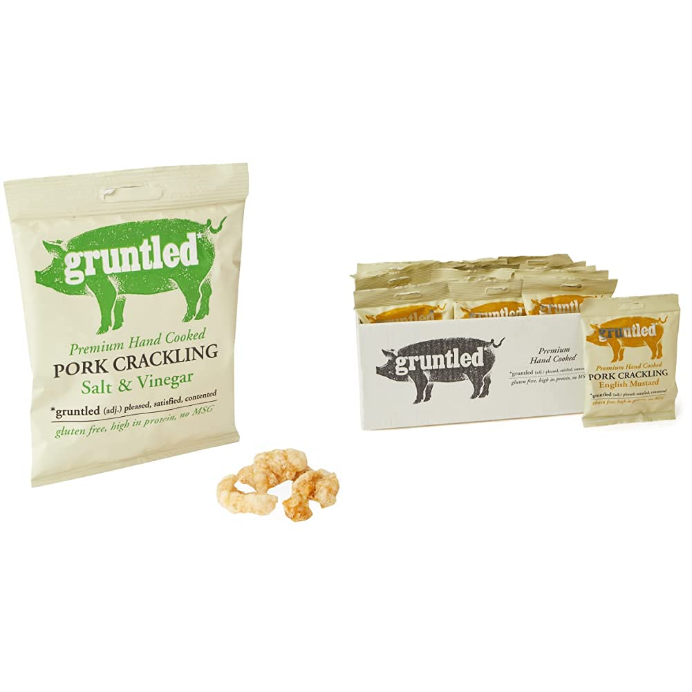 Gruntled Premium Pork Crackling Salt and Vinegar, Box, high Protein, Low carb, Keto, Gluten Free Pork Snacks, 800 g, (Pack of 20) & Premium Pork Crackling English Mustard, 20 x 40g box