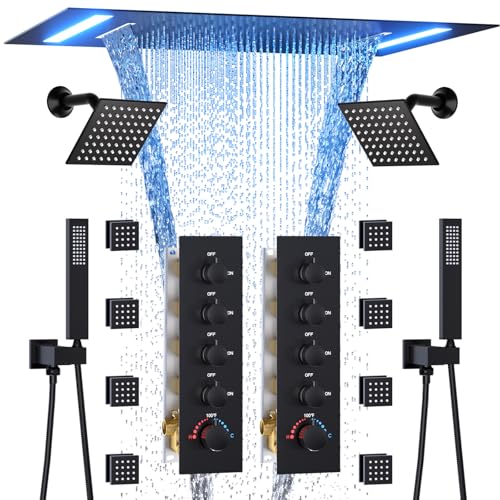 HOMEDEC Luxury Dual Shower System for Couples, LED 14x20" 2-Function and Dual 6" Side Wall Mounted Shower Heads, with 4-Way Diverter Valves, Black