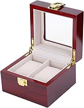 KIMISS 2 Grids Wooden Watch Display Box with Clear Window, Elegant Red Wood Watch Storage Box for Stylish Organization