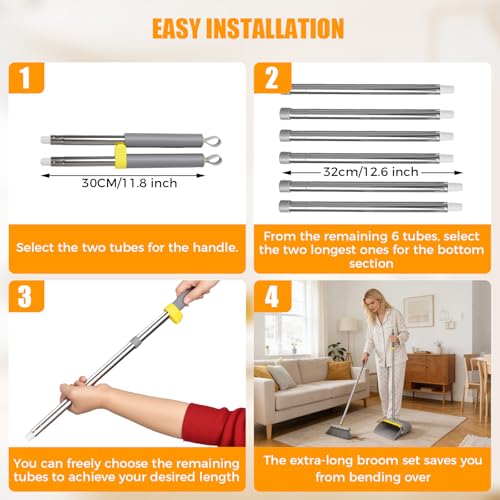 Image of Upgrade Broom and Dustpan Set 180 Rotatable Head with 61 inch Extra Long Adjustable Handle Self-Cleaning Dustpan Teeth&Zero Gap Indoor Outdoor Sweeping for Home Kitchen Office Pet Hair-Gray&Yellow