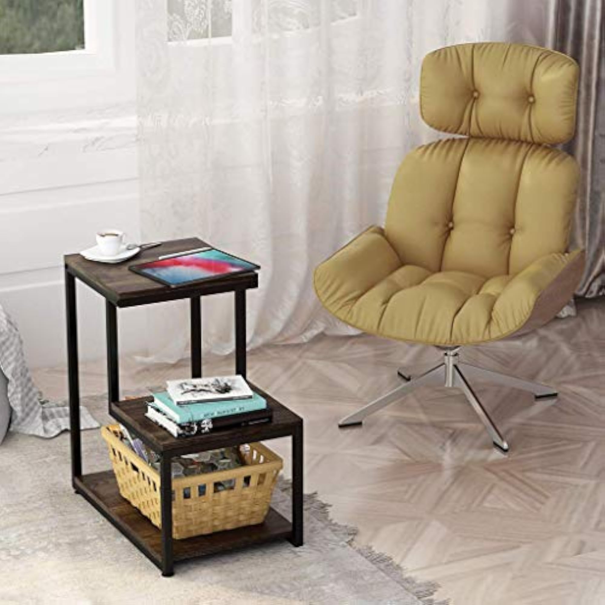 Ladder Style Sheesham Wood Bedside Table with Iron Frame