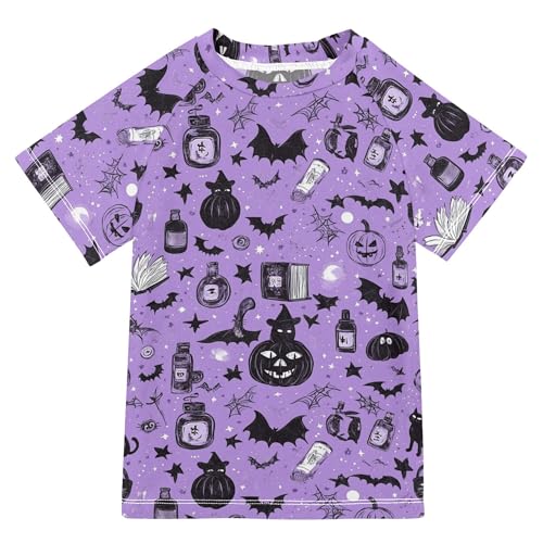 Halloween Pumpkin Cat Witch Cute Esoteric Spooky Girls Bathing Suit Sun Protection T Shirts Swimwear Beach Tops 3T