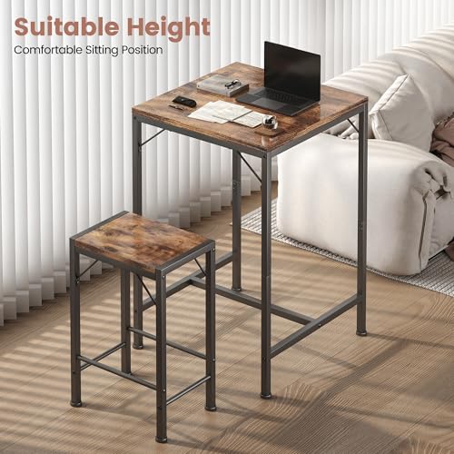 Homeiju Bar Table and Chairs Set, Square Bar Table with 2 Stools, Space-Saving Dining Pub Set for 2, Perfect for Kitchen, Breakfast Nook, Living Room & Small Spaces (Rustic Brown) (Rustic Brown)