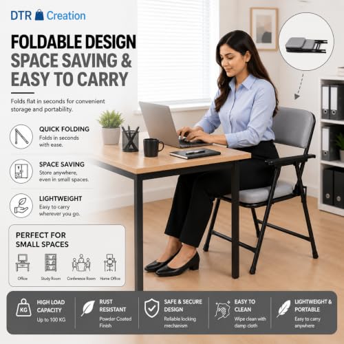Image of Foldable Cushioned Chair with Armrests | Heavy Duty Metal Frame | Soft Padded Seat & Backrest | Space Saving Folding Chair for Home, Office, Study & Guest Seating | Grey