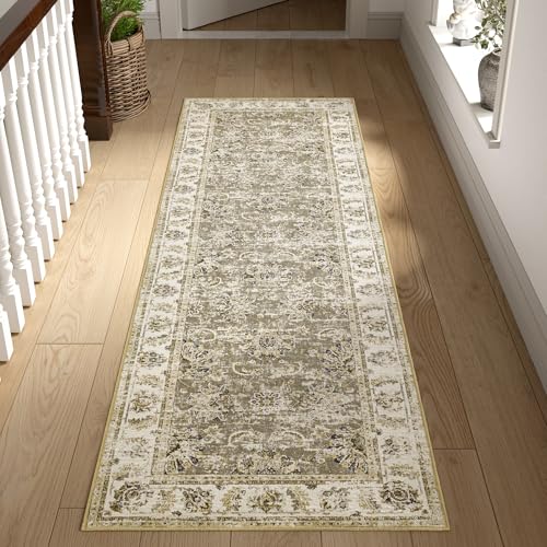 jinchan 2x6 Vintage Floral Runner Rug, Washable Entryway Rug, Taupe