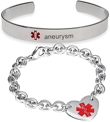 ZKXXJ 2 Pack Personalized Medical Alert ID Bracelet for Women - Stainless Steel Engravable Open Cuff Bangle & Heart Chain Identification Bracelets Emergency Health Alert Jewelry with Medic Card