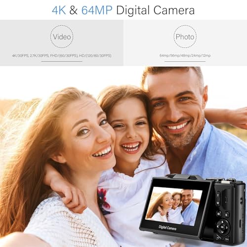 4K Digital Camera - 64MP AutoFocus Point and Shoot Digital Cameras - 3.0'' Flip Screen 18X Zoom Vlogging Camera for YouTube - Compact Camera for Photography with 2 Batteries and 32G SD Card by Toiauaha - Image 2