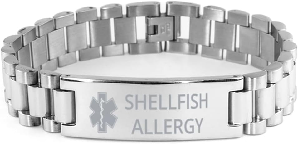 Medical Alert Ladder Stainless Steel Bracelet, Shellfish Allergy Awareness, SOS Emergency Health Life Alert ID Engraved Stainless Steel Adjustable Bracelet For Men Women