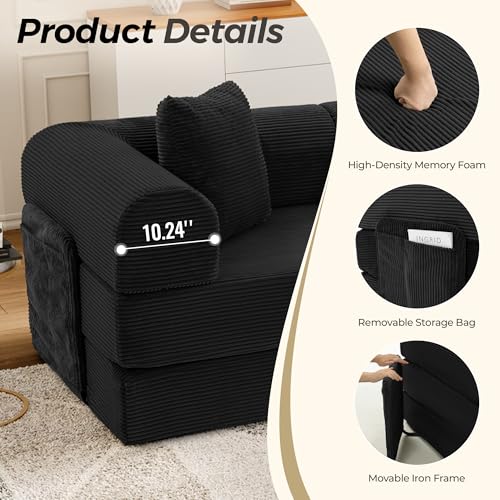 Image of 106 inch Modular Sectional Sofa Bed, L-Shaped Convertible Sleeper Sofa with Fixed-Shape Metal Frame, Oversized Corduroy Cloud Couch with Storage Pocket, No Assembly Couch for Living Room, Black