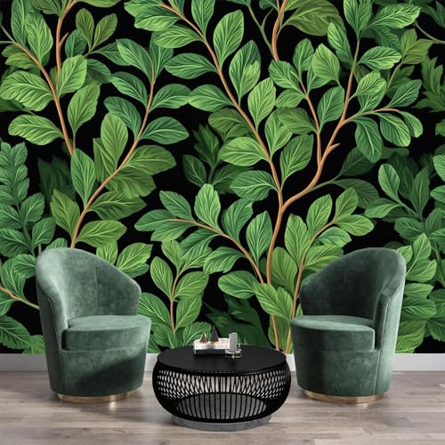 NAWVNMI Papel Pintado Panorámico en Retro Botánico Seda, 150 x 105cm, Sin Costuras Hoja, Verde, Papel Pintado Panorámico, Pared Póster para Salón Dormitorio Fotomurales Decoración