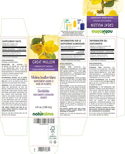 Naturalma Great Mullein Or Common Mullein (Verbascum Thapsus) Flower And Leaf Alcohol-Free Tincture 4 Fl Oz Liquid Extract In Drops | Herbal Supplement | Vegan | Product Of Italy #TOP1