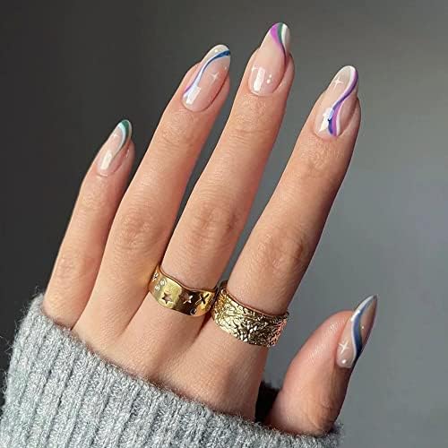 JUSTOTRY 24 Pcs Iridescent Oval False Nails Short, Multi Colour French Press on Nails Pattern, Fake Nails Short with Nail Glue, Almond Stick on Nails for Women, Rainbow Nails Fake Nail for Nails Art