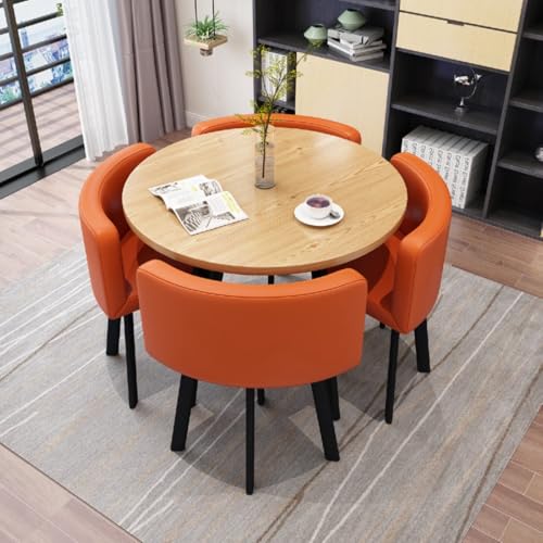 Image of Round Faux Marble Reception Table and Chairs Set, Dining Table Set for 4, Space Saving Reception Desk for Home and Apartment, Office, Conference Room, Lounge
