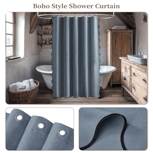 BTTN 54x78 Boho Scalloped Linen Textured Cloth Shower Curtain, Blue Grey by BTTN - Used condition - Image 7