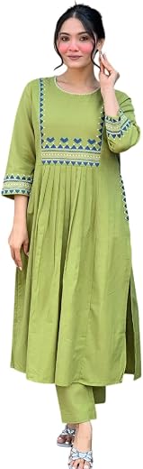 SHREEM BRZEE Women's Rayon Embroidered A-Line Kurti with Pant Set