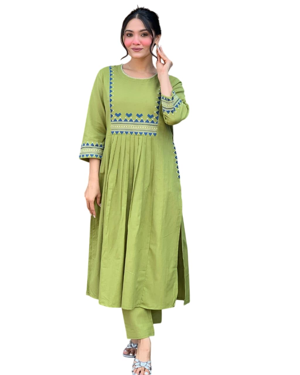 Women’s Rayon Embroidered A-Line Kurti with Pant Set