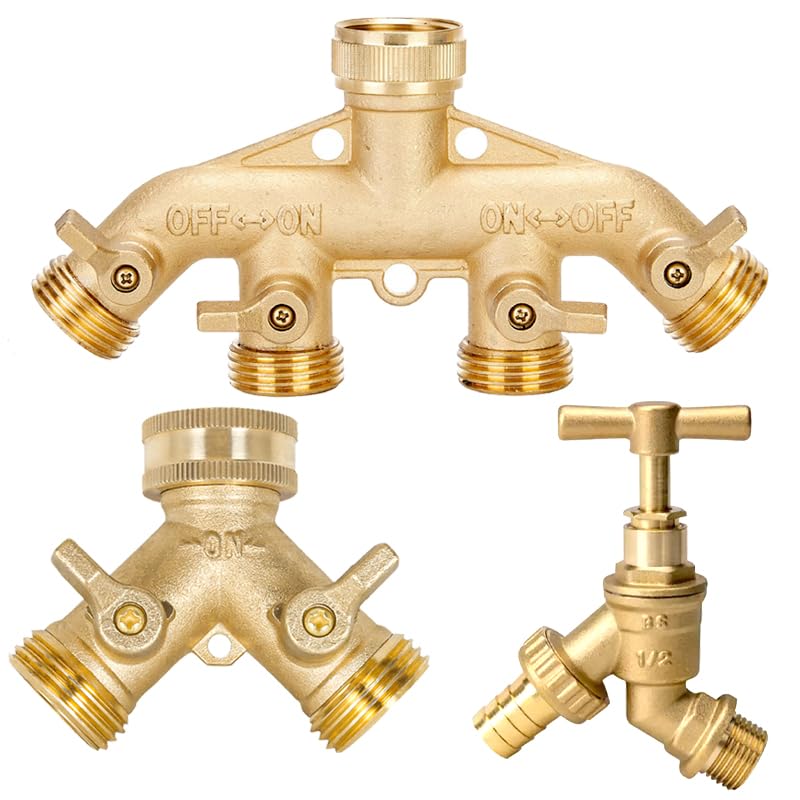 3/4 Zoll 2/4-Wege Messing Gartenschlauch Splitter Gartenhahn Y-Typ Bewässerungsanschluss Verteiler for Außenwasserhahn(KinkProtectorEU)