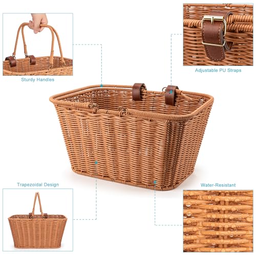 CXWXC Bike Basket - Durable Front Bicycle Bike Baskets - Handmade Woven Wicker Bike Basket with Adjustable Leather Straps (Brown)
