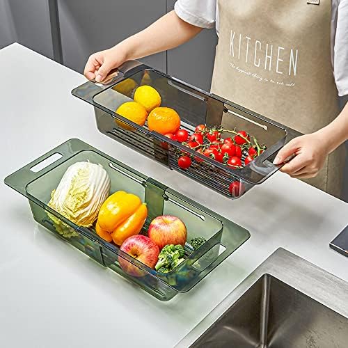 Over The Sink Colander Strainer Basket, 2 Pcs Retractable Rectangular Colander for Wash Fruits Vegetables Noodle Pasta Food Drain(Grey)