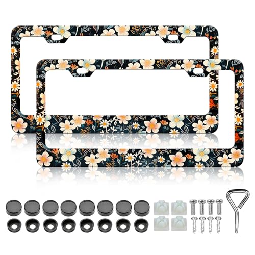 HCSS 2PCS Colorful Floral License Plate Frames Cute Daisy Flower License Plate Holder Stainless Steel Auto Parts Rust-Proof Waterproof Car Decorative Tag Frames for Standard US 12x6 Inch