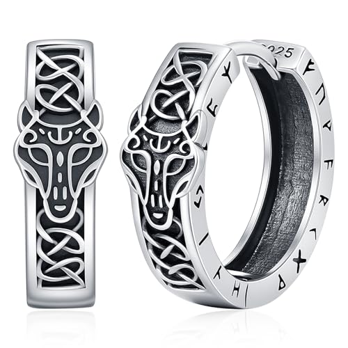 Wikinger Creolen Ohrringe für Männer, 925 Sterling Silber Wolf Ohrringe Nordischer Wikinger Rune Creolen Ohrstecker Punk Ohrschmuck für Herren Frauen