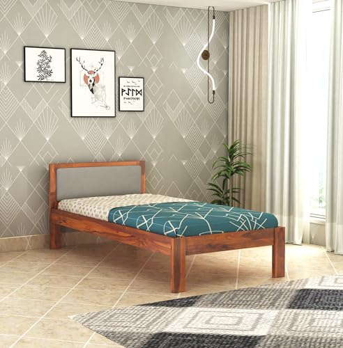 Image of BM WOOD FURNITURE Wooden Single Bed Without Storage | Single Cot Wooden Palang | Space Saving Single Size Bed for Bedroom | Solid Sheesham Wood | Honey Finish
